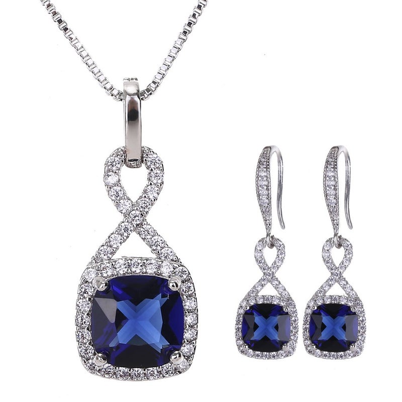 AMYJANE Cubic Zirconia Wedding Jewelry Sets - Women's Vintage Sterling Silver Infinity Square Blue Sapphire Crystal CZ Rhinestone Necklace Earring Set Bridal Jewelry for Bride Bridesmaids Mother of Bride - Image 1